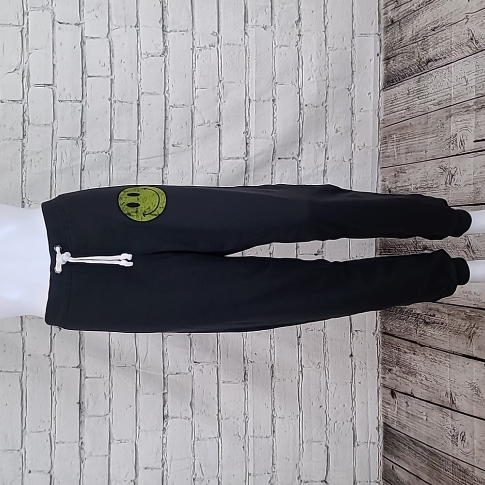 Prince Peter Soft Cotton High Rise Happy Face Drawstring Jogger Pants Black NWT